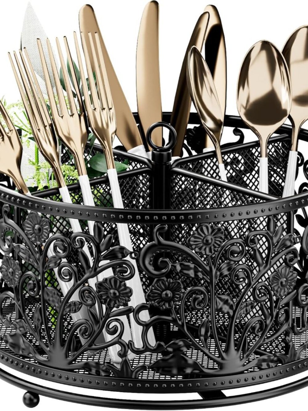 360° Rotating Flatware Caddy - 4 Compartments Metal Mesh